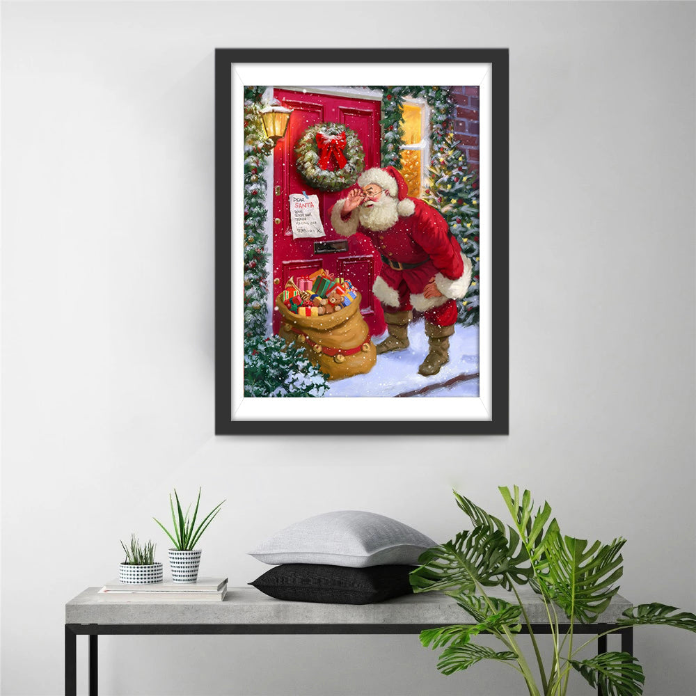 Kerstman Staat bij Rode Ingangsdeur met Krans, vol Cadeaus Diamond Painting