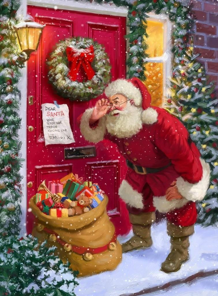 Kerstman Staat bij Rode Ingangsdeur met Krans, vol Cadeaus Diamond Painting