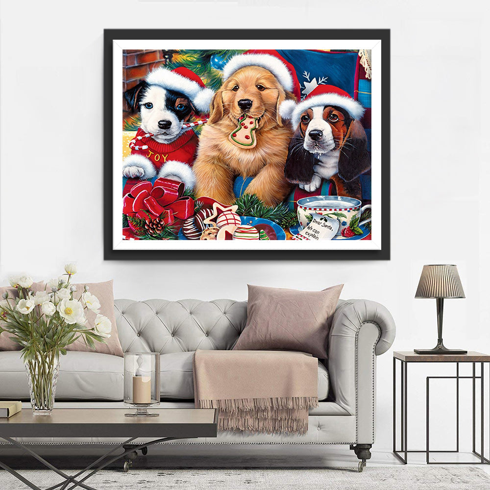 Kerstpuppy's met Hoofddeksel en Feestelijke Versnaperingen Diamond Painting
