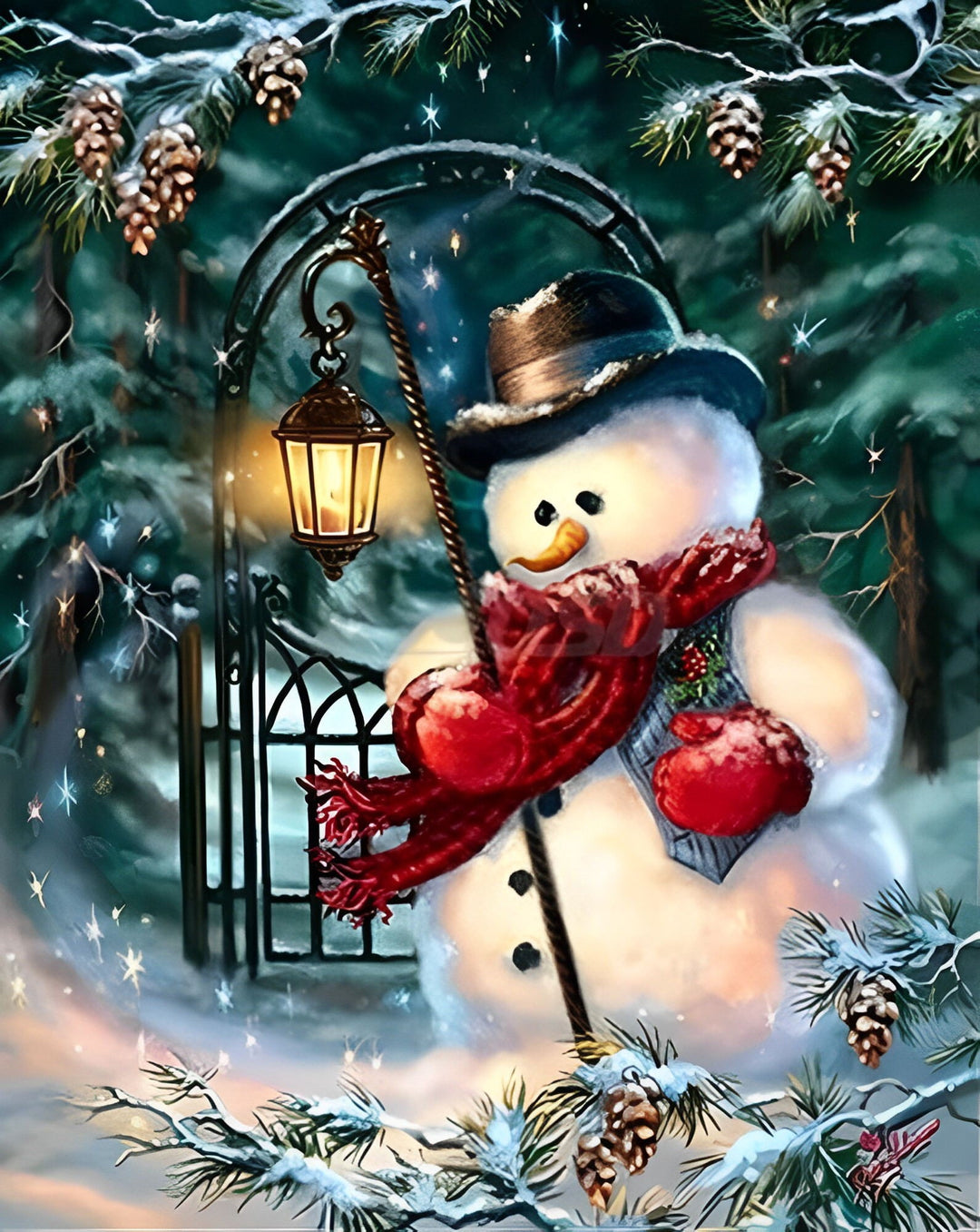 Kerstsneeuwpop met Lantaarn Diamond Painting
