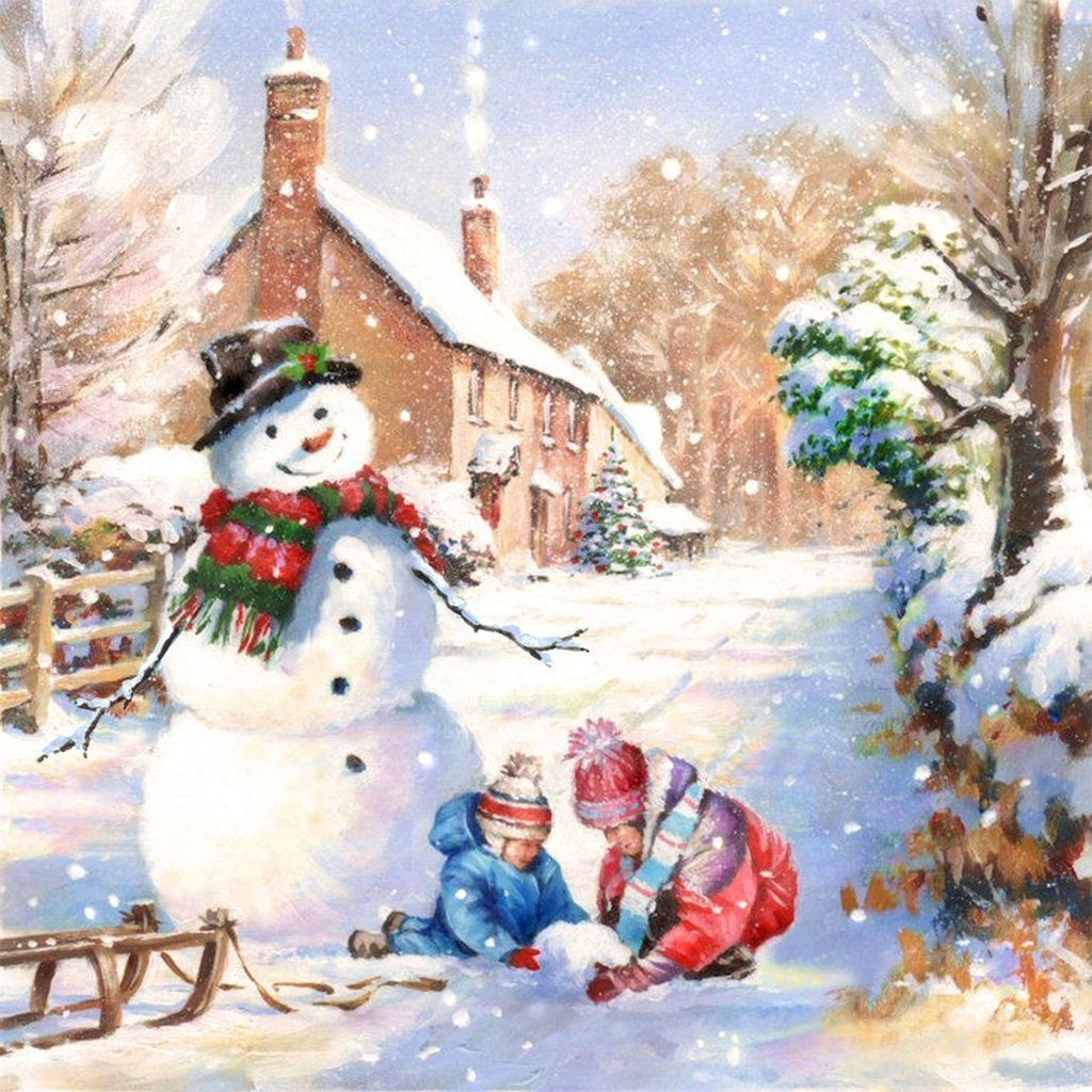 Kids bij Sneeuwpop in Sneeuw Diamond Painting