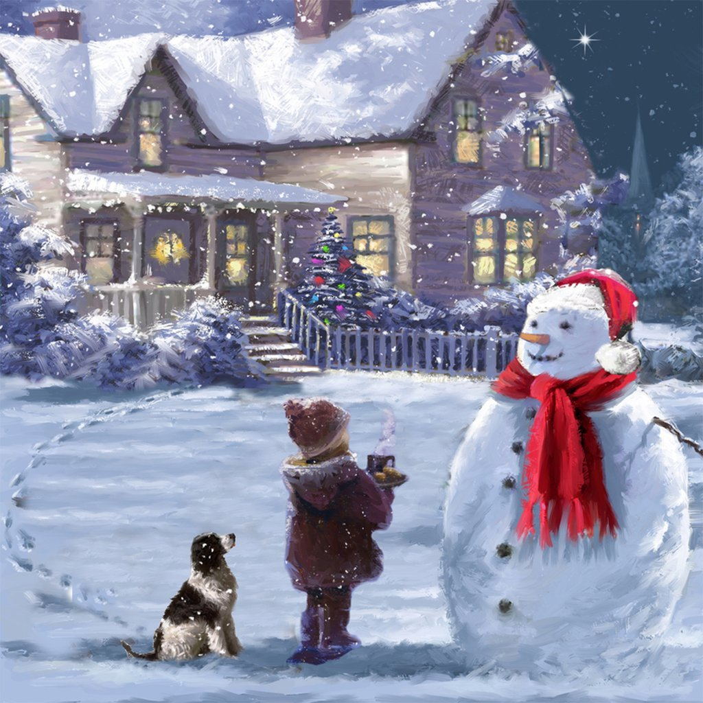 Kind, Hond en Sneeuwpop Diamond Painting