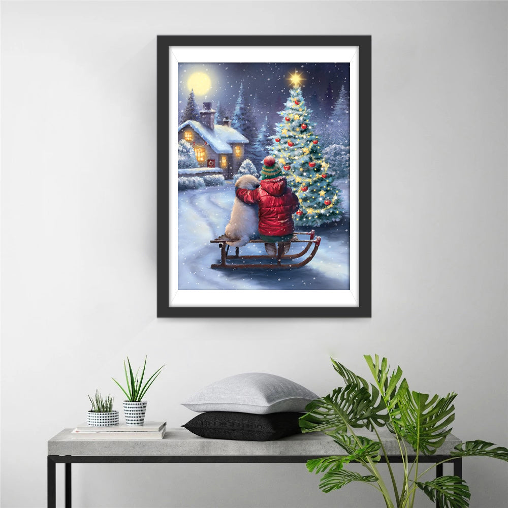 Kind met Hond op de Slee bij de Kerstboom Diamond Painting