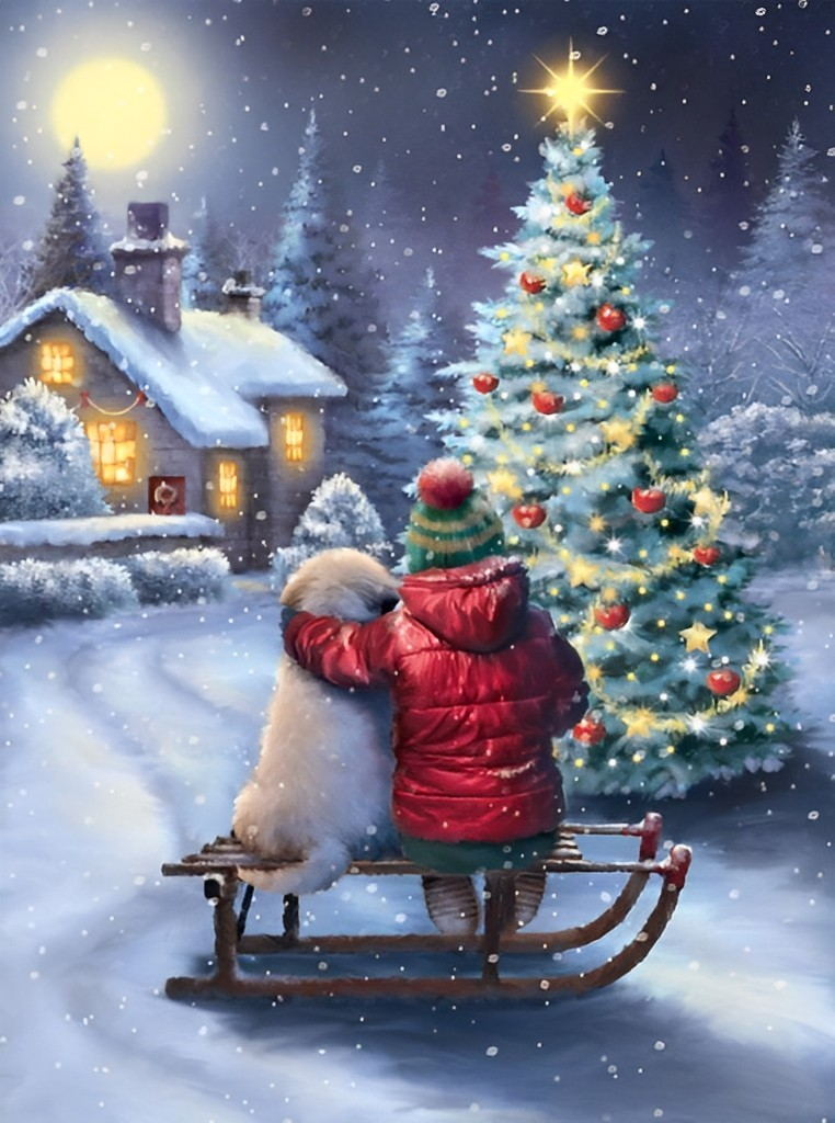 Kind met Hond op de Slee bij de Kerstboom Diamond Painting