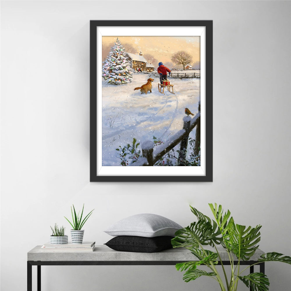 Kind op Slee en Hond in de Sneeuw Diamond Painting