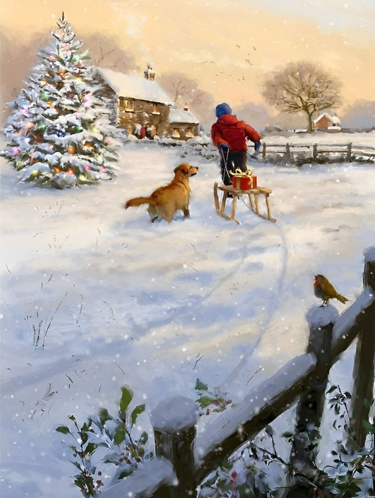 Kind op Slee en Hond in de Sneeuw Diamond Painting