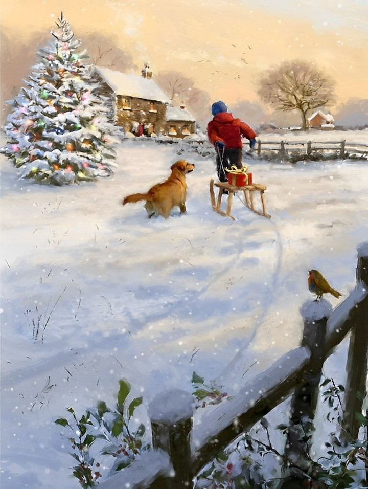 Kind op Slee en Hond in de Sneeuw Diamond Painting