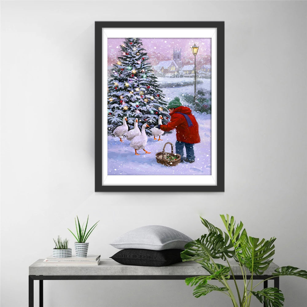 Kind Voert Eenden bij de Sneeuwbedekte Kerstboom Diamond Painting