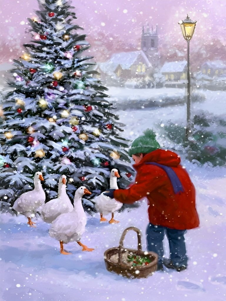 Kind Voert Eenden bij de Sneeuwbedekte Kerstboom Diamond Painting