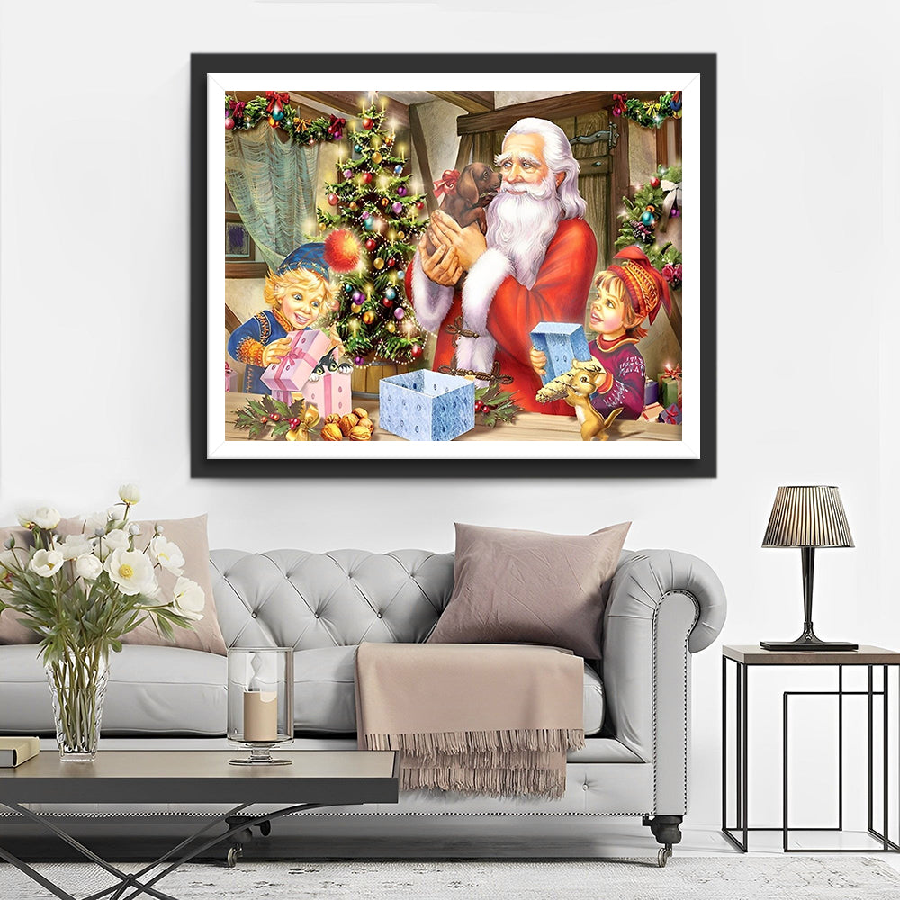 Kinderen die Cadeaus Uitpakken en een Kerstman met een Hond Diamond Painting