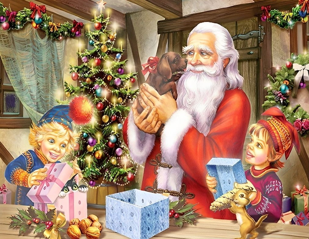 Kinderen die Cadeaus Uitpakken en een Kerstman met een Hond Diamond Painting