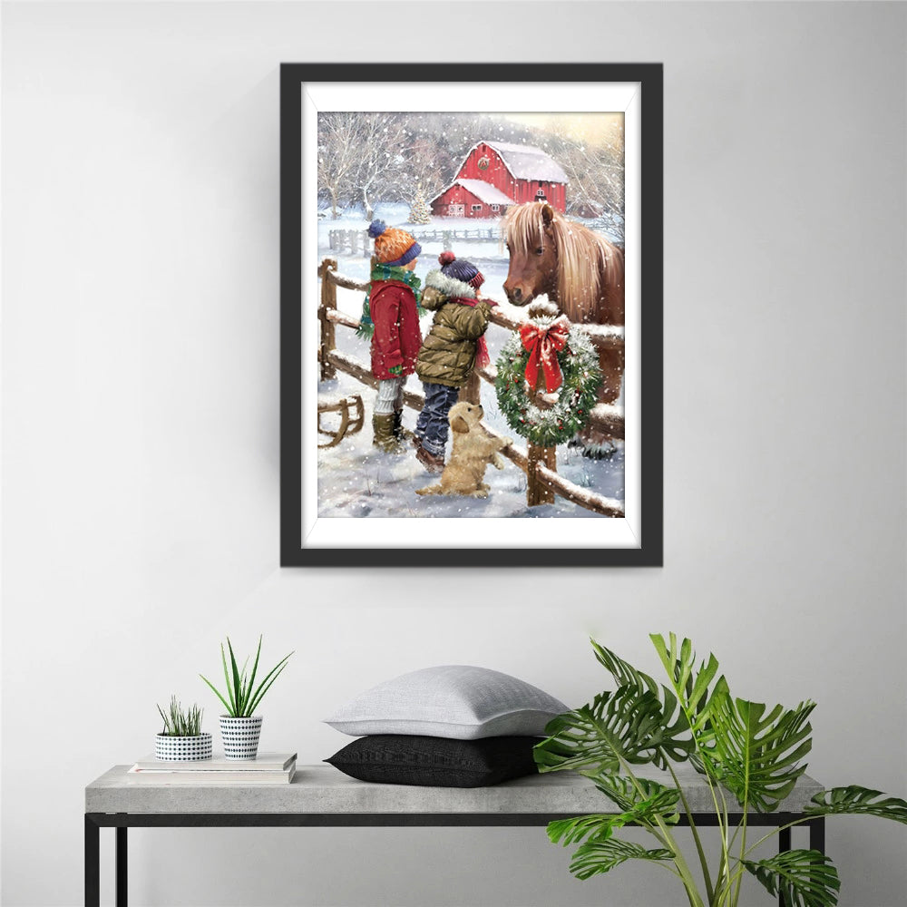 Kinderen, Hond en Paard in de Sneeuw Diamond Painting