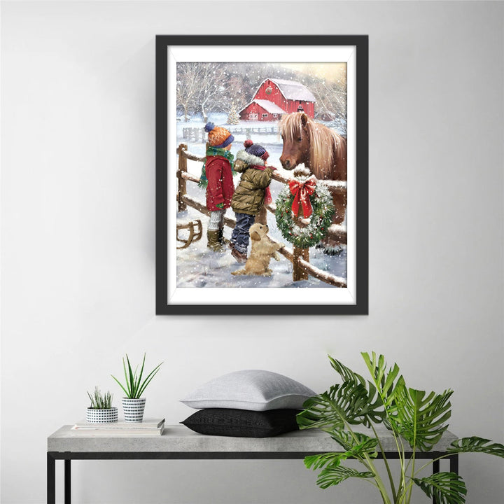 Kinderen, Hond en Paard in de Sneeuw Diamond Painting