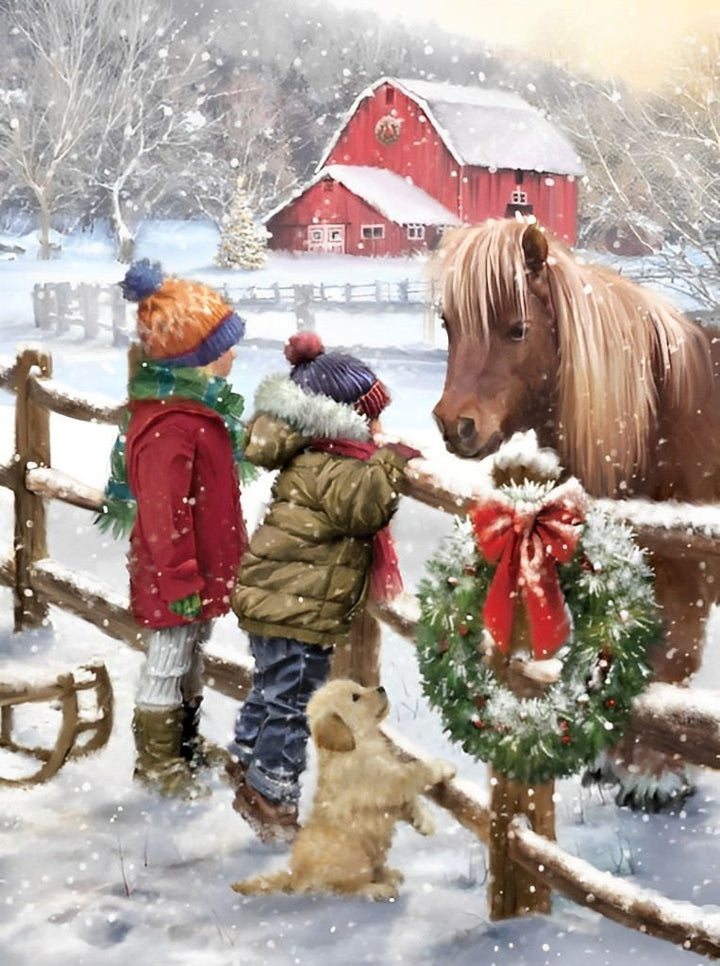 Kinderen, Hond en Paard in de Sneeuw Diamond Painting