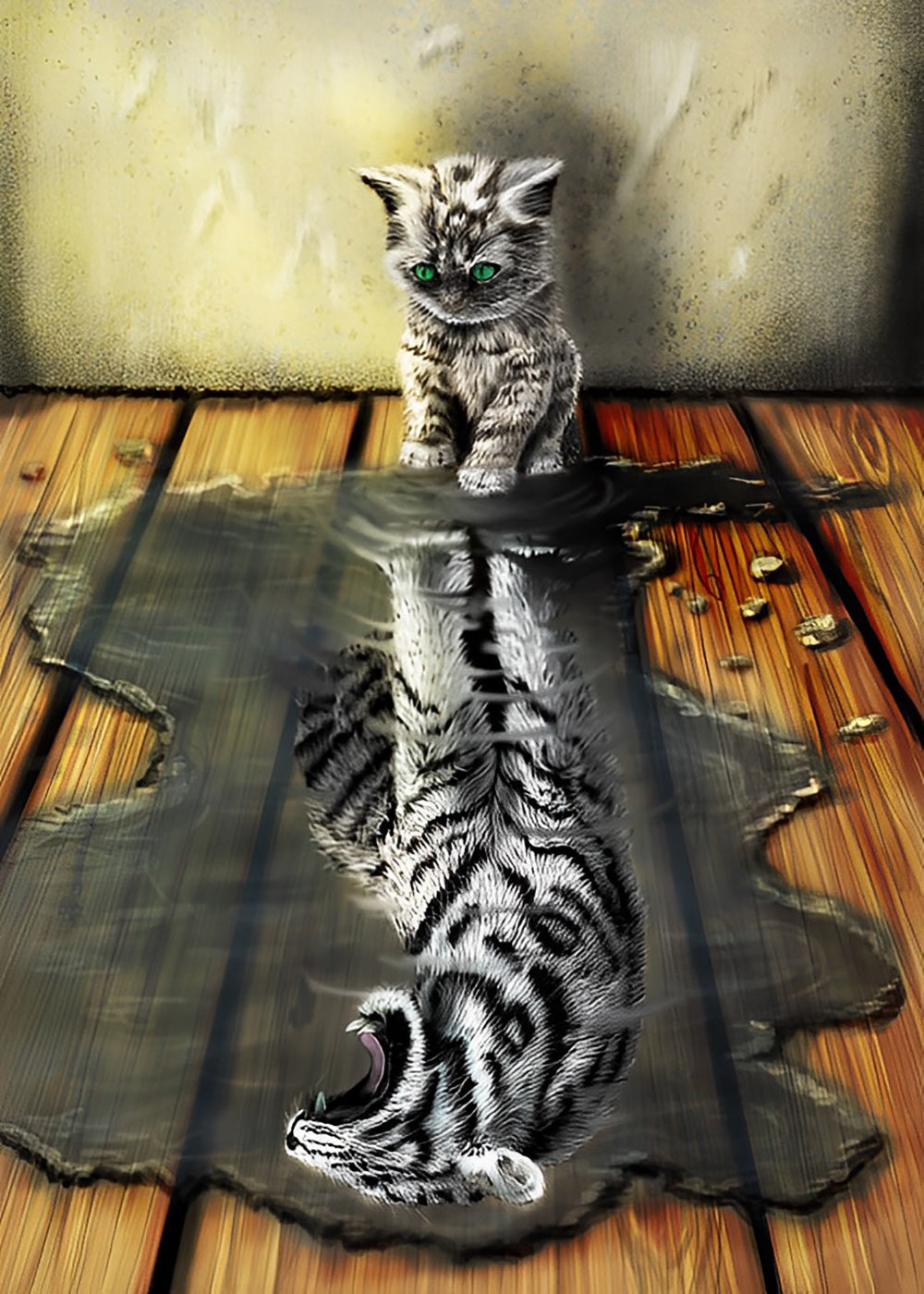Kitten en de Weerspiegeling van de Wilde Tijger in het Water Diamond Painting