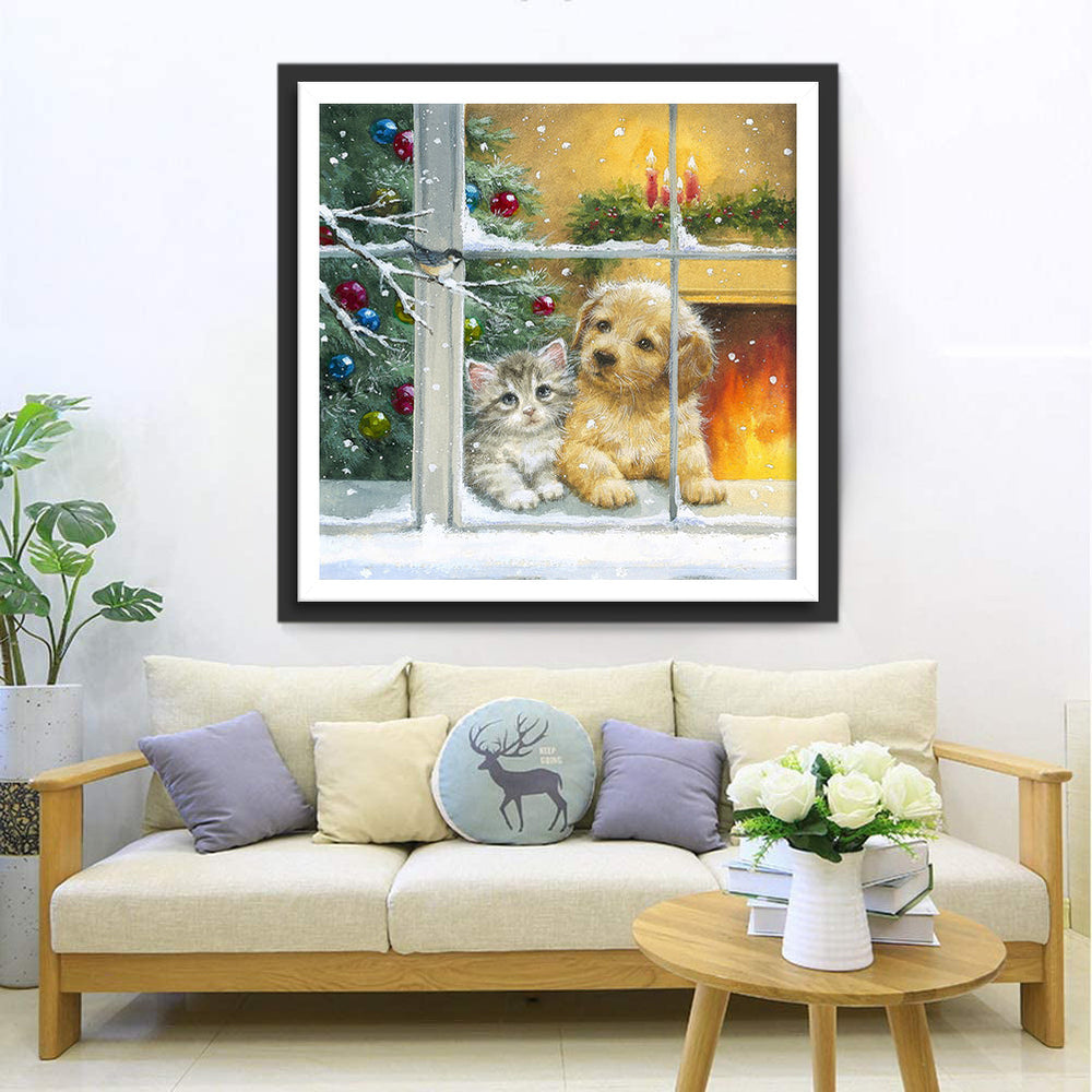 Kitten en Puppy in de Winterse Knisperhaard Diamond Painting