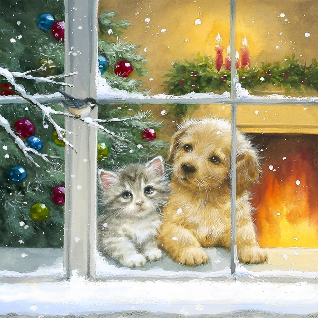 Kitten en Puppy in de Winterse Knisperhaard Diamond Painting