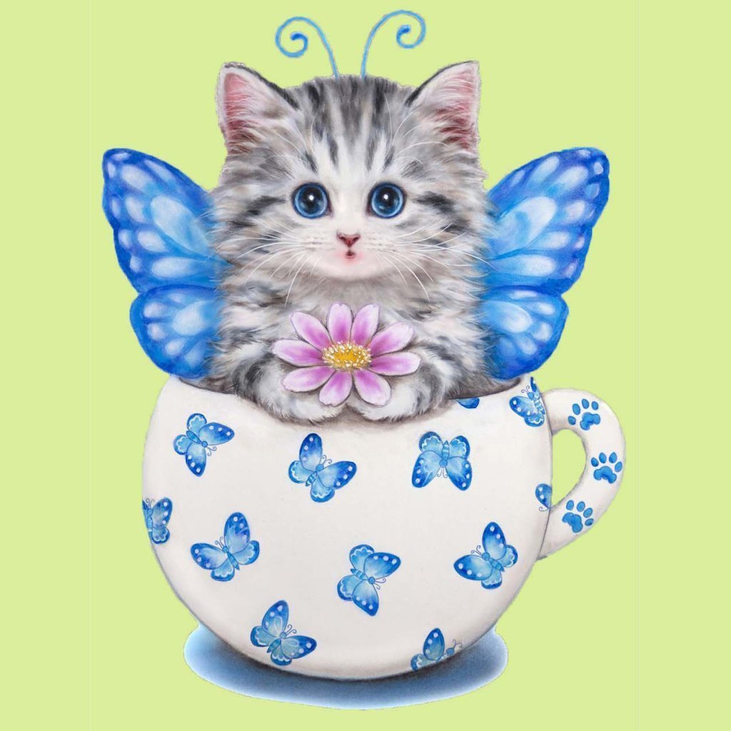 Kitten met Blauwe Vlindervleugels en Bloem in Kopje Diamond Painting