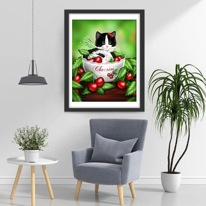 Kitten met Vleugels in een Cherries Kom Diamond Painting