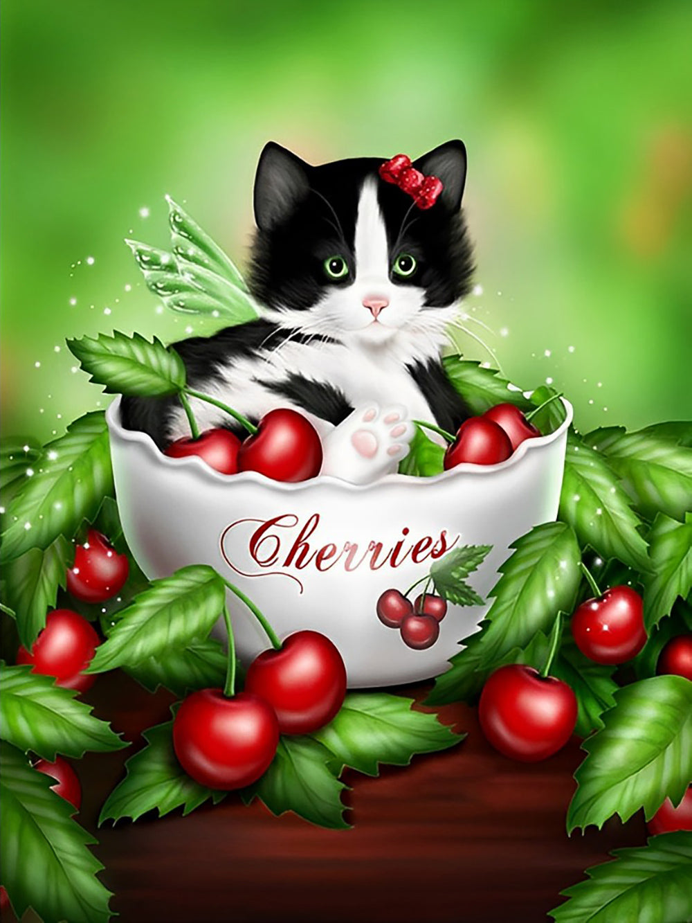 Kitten met Vleugels in een Cherries Kom Diamond Painting