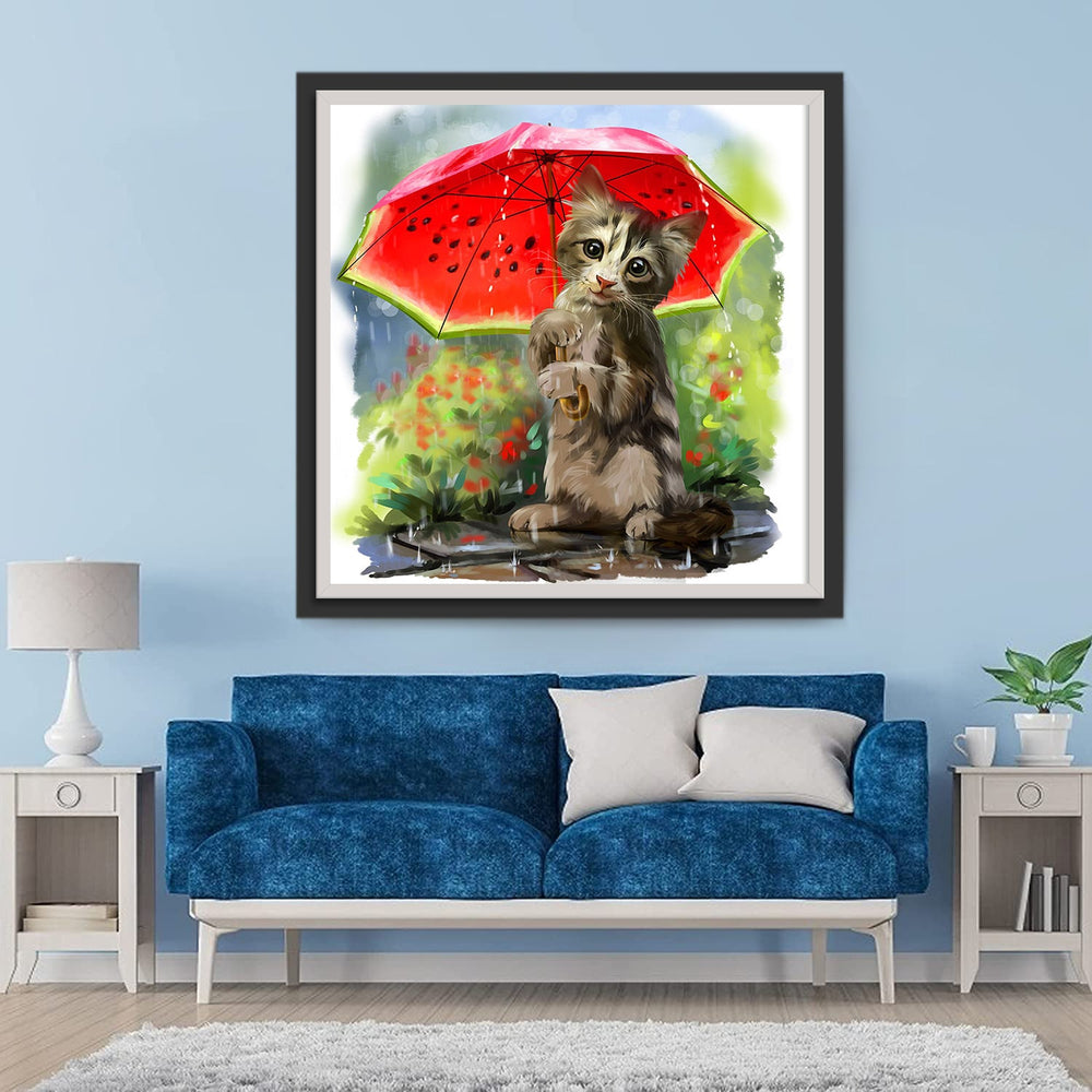Kitten onder Watermeloenparaplu Diamond Painting