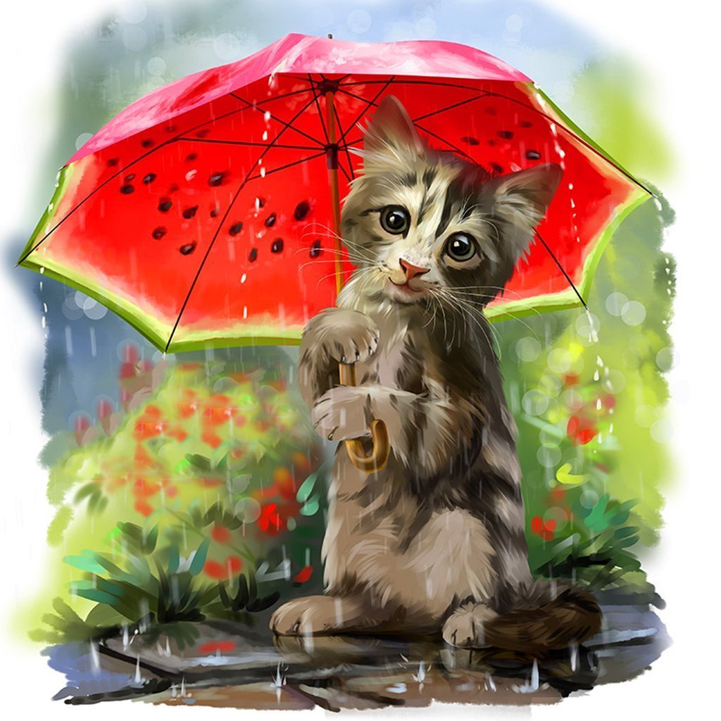 Kitten onder Watermeloenparaplu Diamond Painting