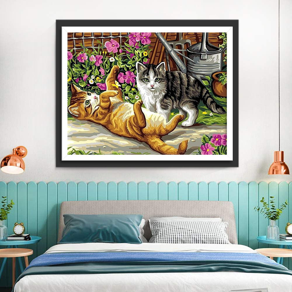 Kittens Spelen in de Tuin Diamond Painting