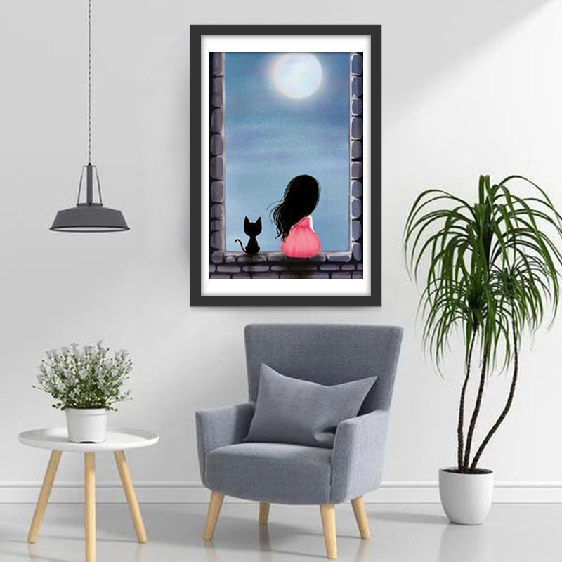 Klein Meisje en Zwarte Kat Kijken naar de Maan Diamond Painting