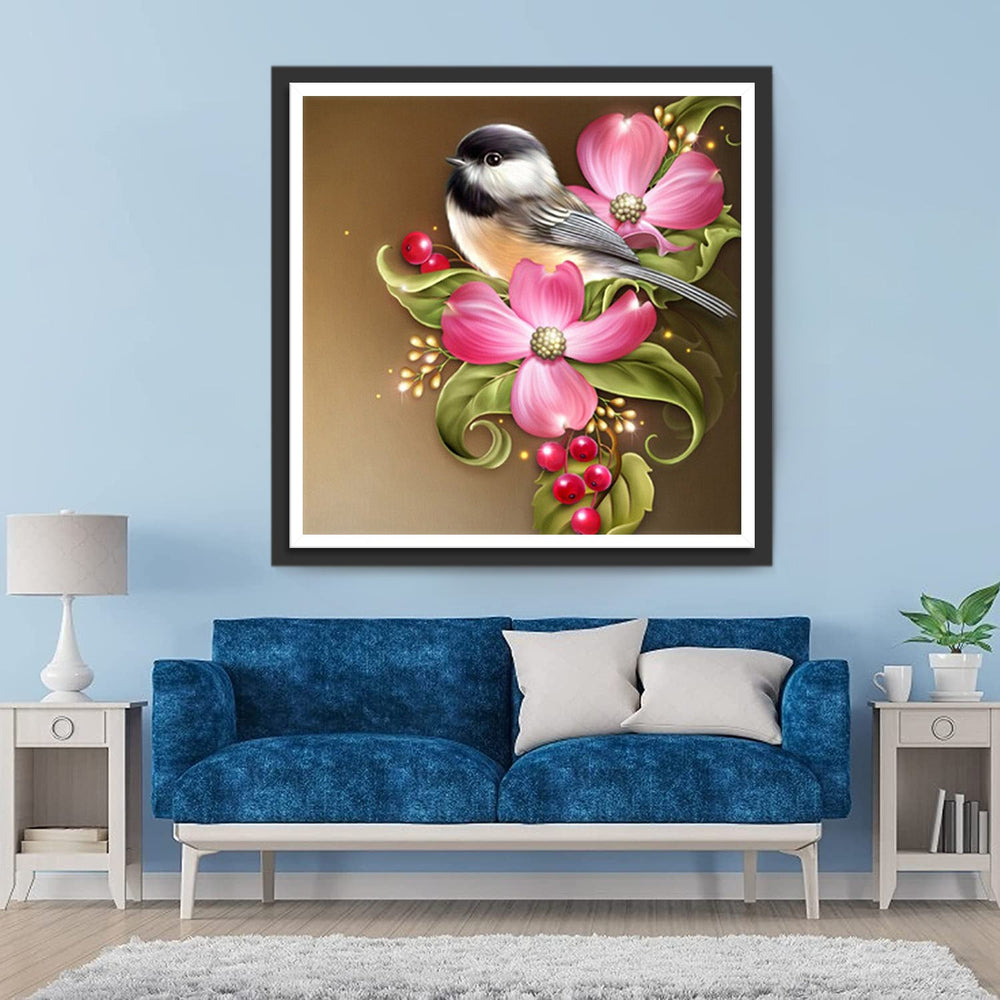 Klein Vogeltje en Roze Bloemen Diamond Painting