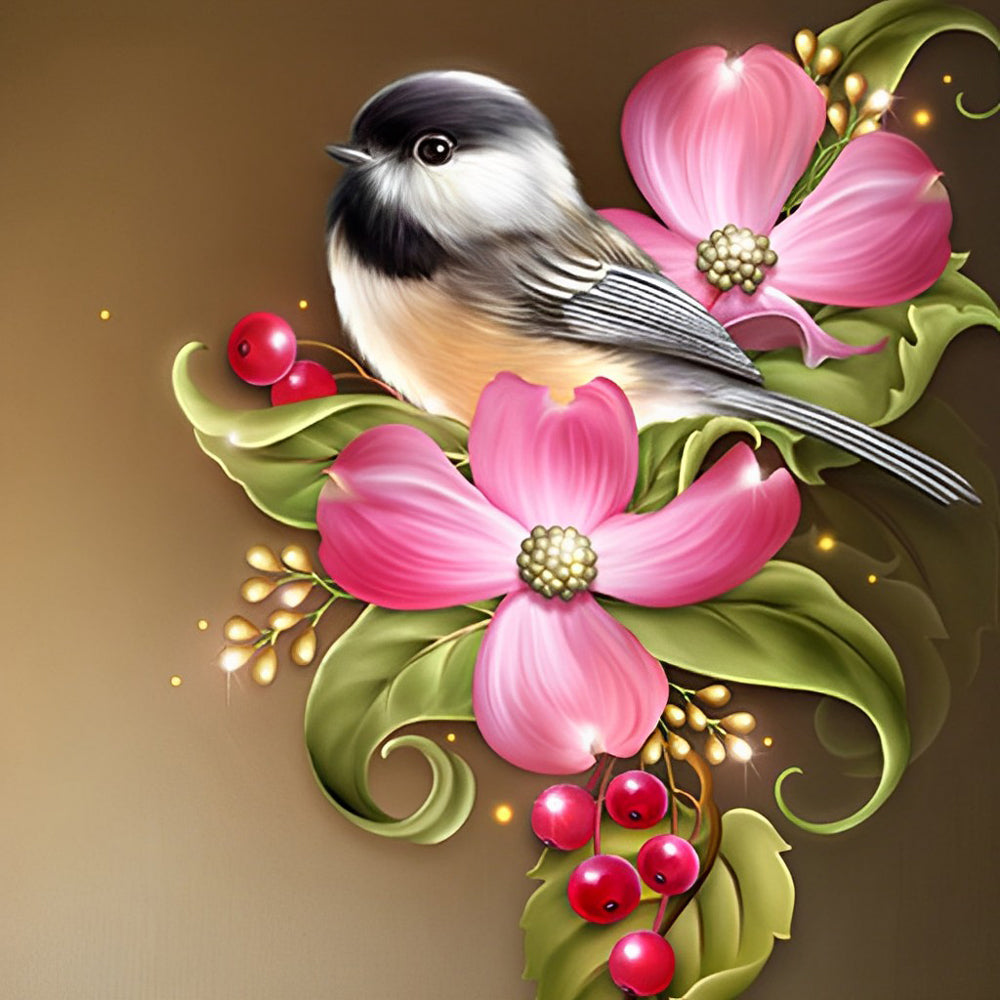 Klein Vogeltje en Roze Bloemen Diamond Painting