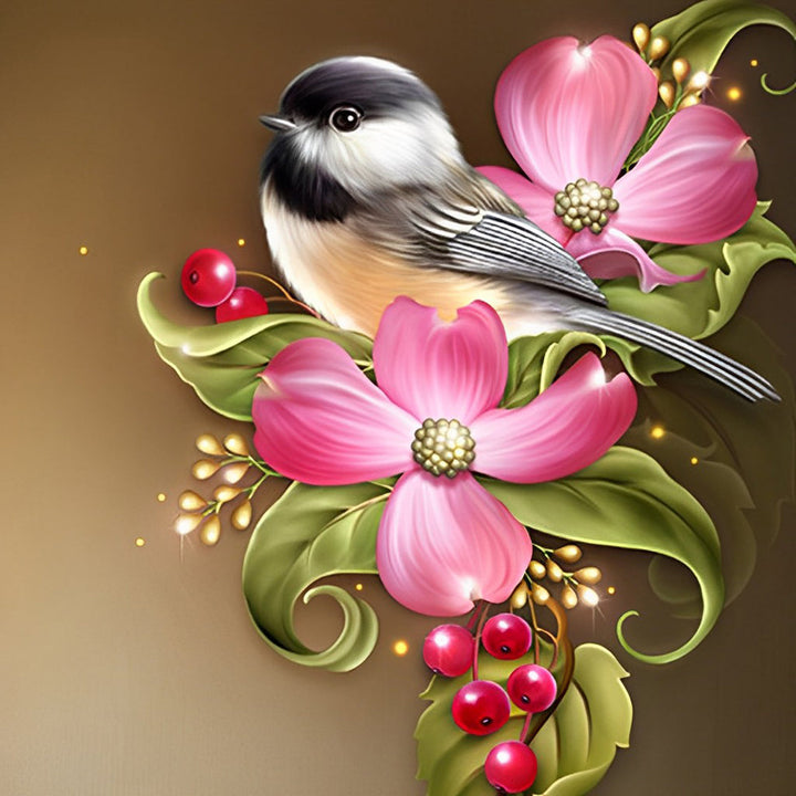 Klein Vogeltje en Roze Bloemen Diamond Painting
