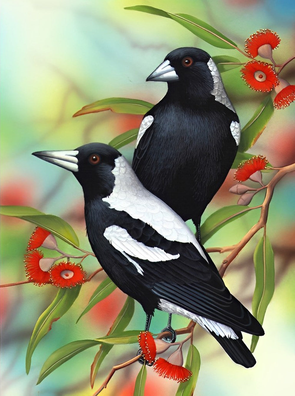 Kleine Rode Bloemen en Twee Zwart-Witte Vogels Diamond Painting
