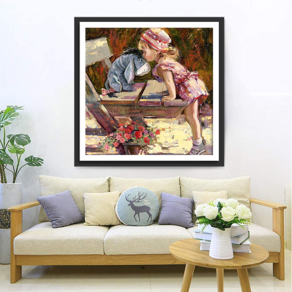 Kleine Vrouw in Gebloemde Outfit Kust Ezel bij Bloemen op Bankje Diamond Painting