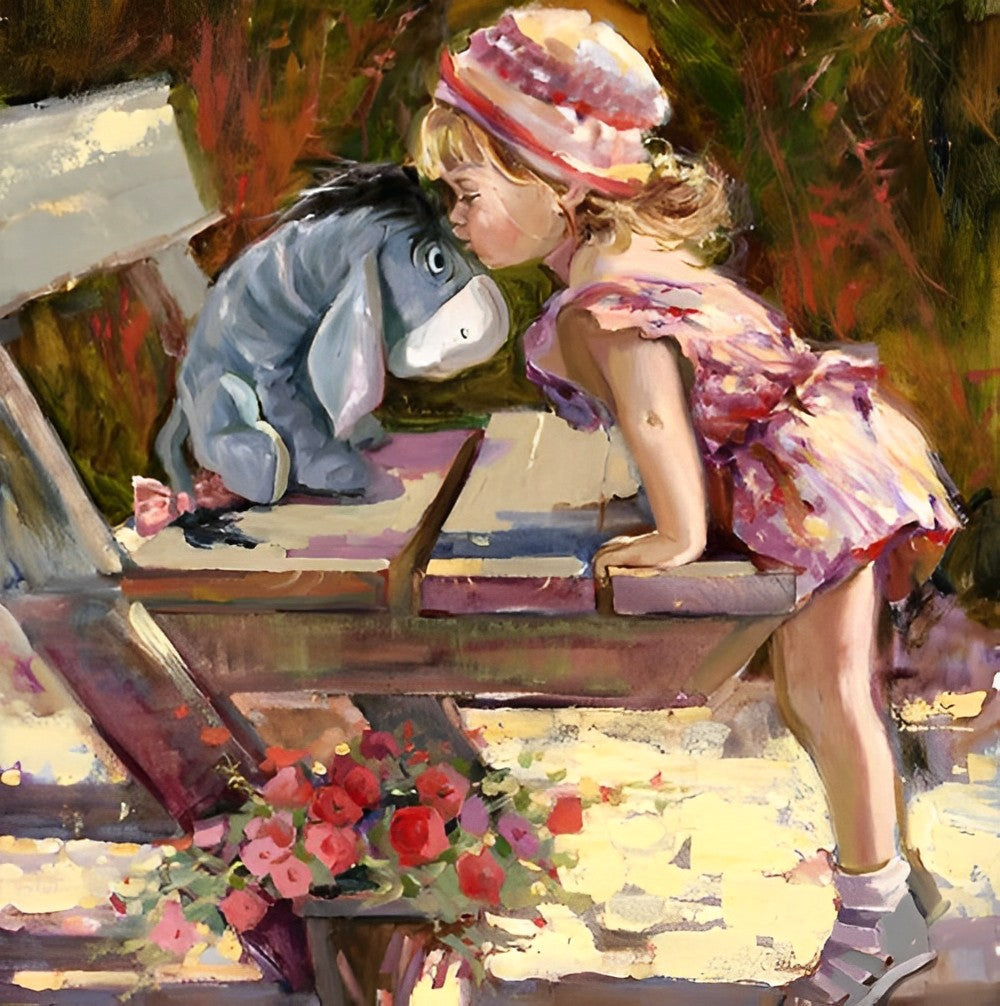 Kleine Vrouw in Gebloemde Outfit Kust Ezel bij Bloemen op Bankje Diamond Painting