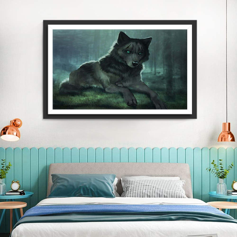 Kleine Zwarte Wolf in het Bos Diamond Painting