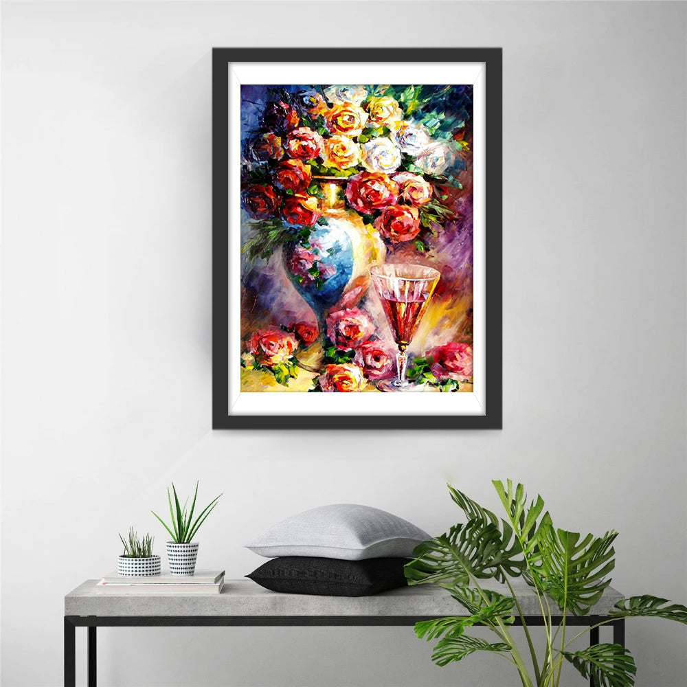 Kleurrijk Bloemenboeket en Wijnglas Diamond Painting