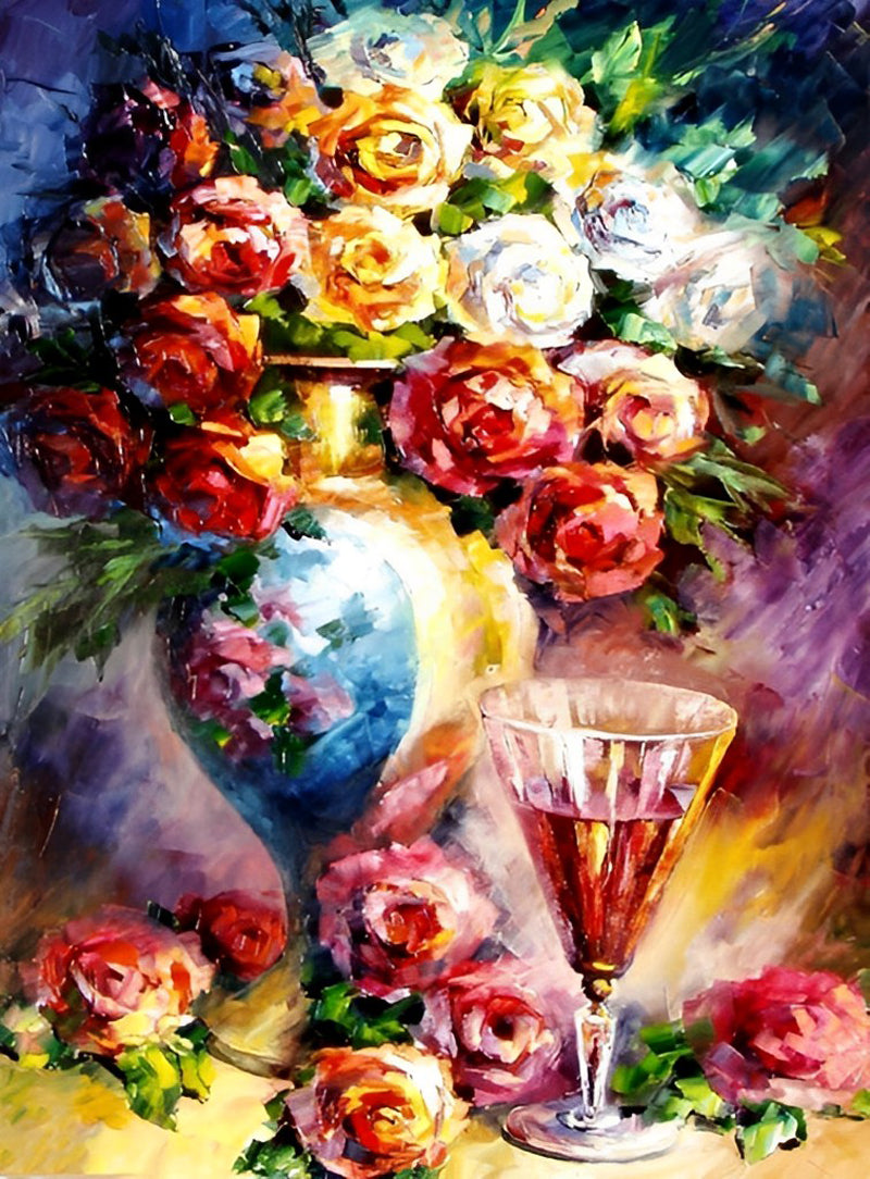 Kleurrijk Bloemenboeket en Wijnglas Diamond Painting