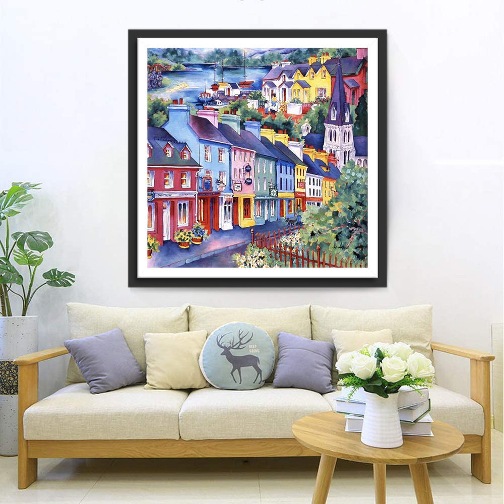 Kleurrijk Dorpsgezicht aan de Waterkant Diamond Painting