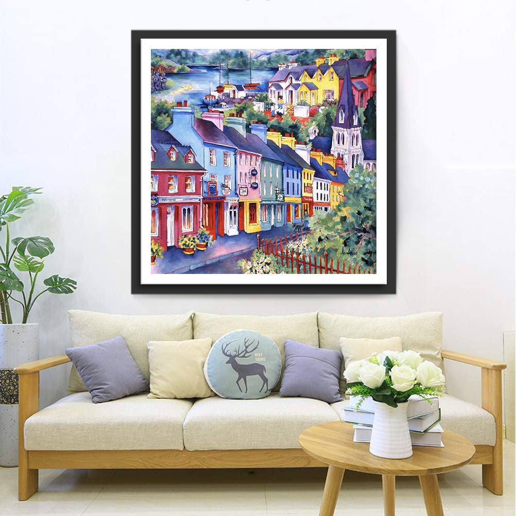 Kleurrijk Dorpsgezicht aan de Waterkant Diamond Painting