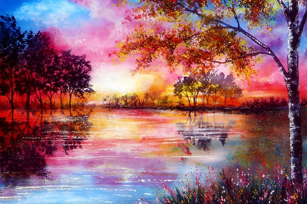 Kleurrijk Meer bij Zonsondergang Diamond Painting