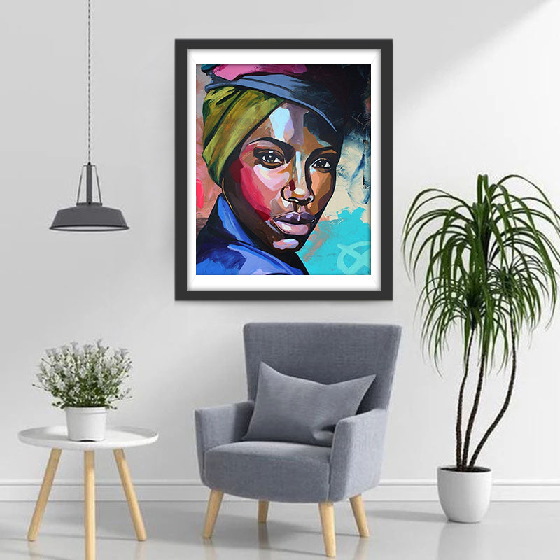 Kleurrijk Portret van Vrouw met Hoofddoek Diamond Painting