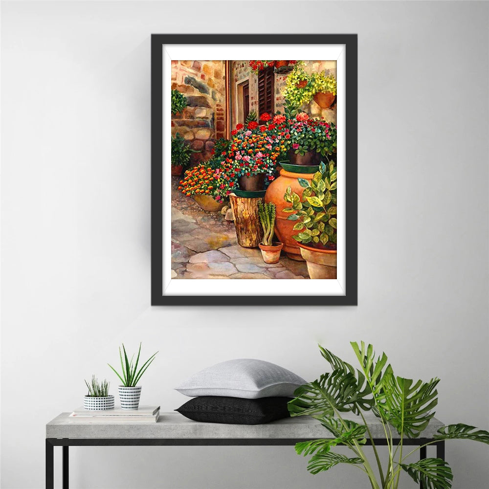 Kleurrijk Tuinhoekje met Bloempotten voor Huisdeur Diamond Painting