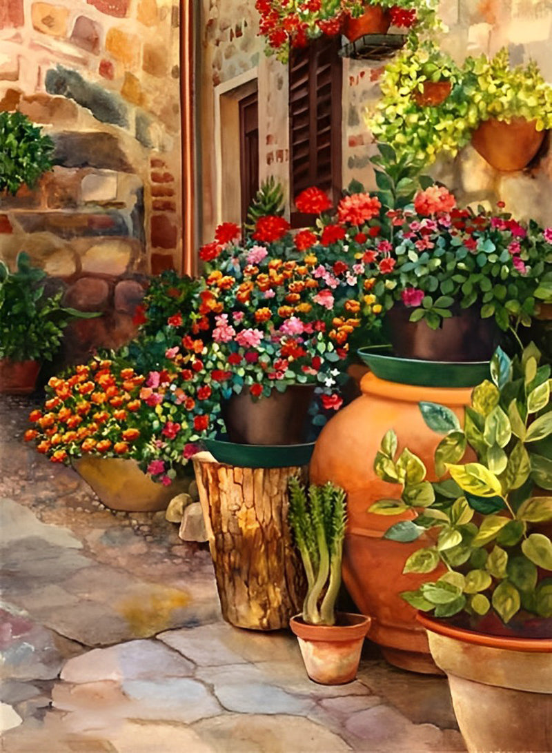 Kleurrijk Tuinhoekje met Bloempotten voor Huisdeur Diamond Painting