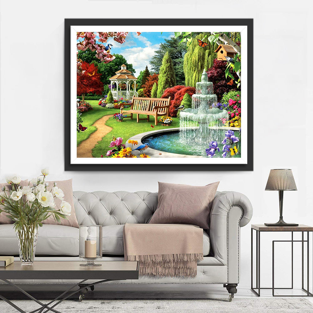 Kleurrijk Tuinlandschap met Fontijn en Rustbank Diamond Painting