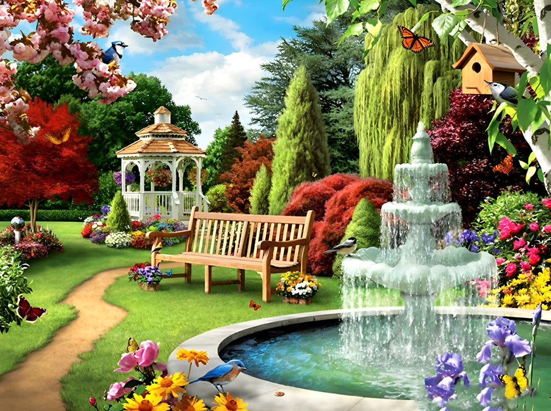 Kleurrijk Tuinlandschap met Fontijn en Rustbank Diamond Painting