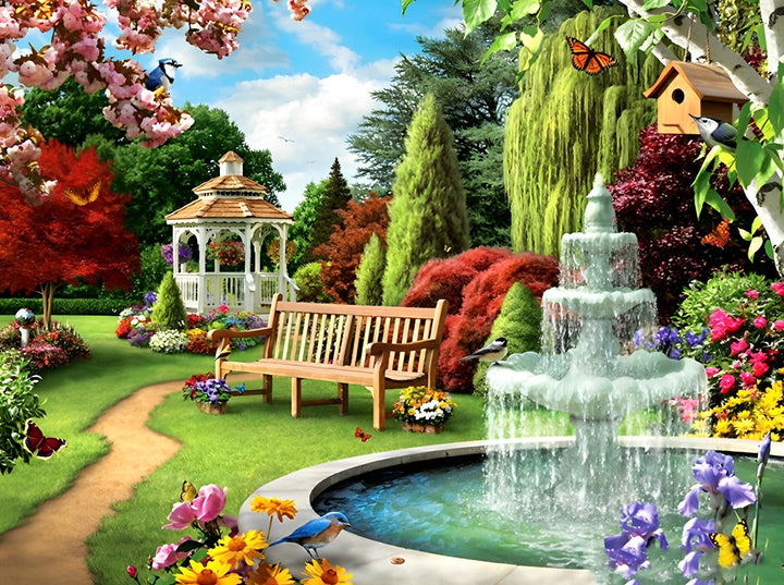 Kleurrijk Tuinlandschap met Fontijn en Rustbank Diamond Painting