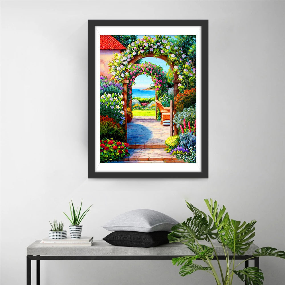 Kleurrijk Tuinpoortje naar het Blauwe Zeezicht Diamond Painting