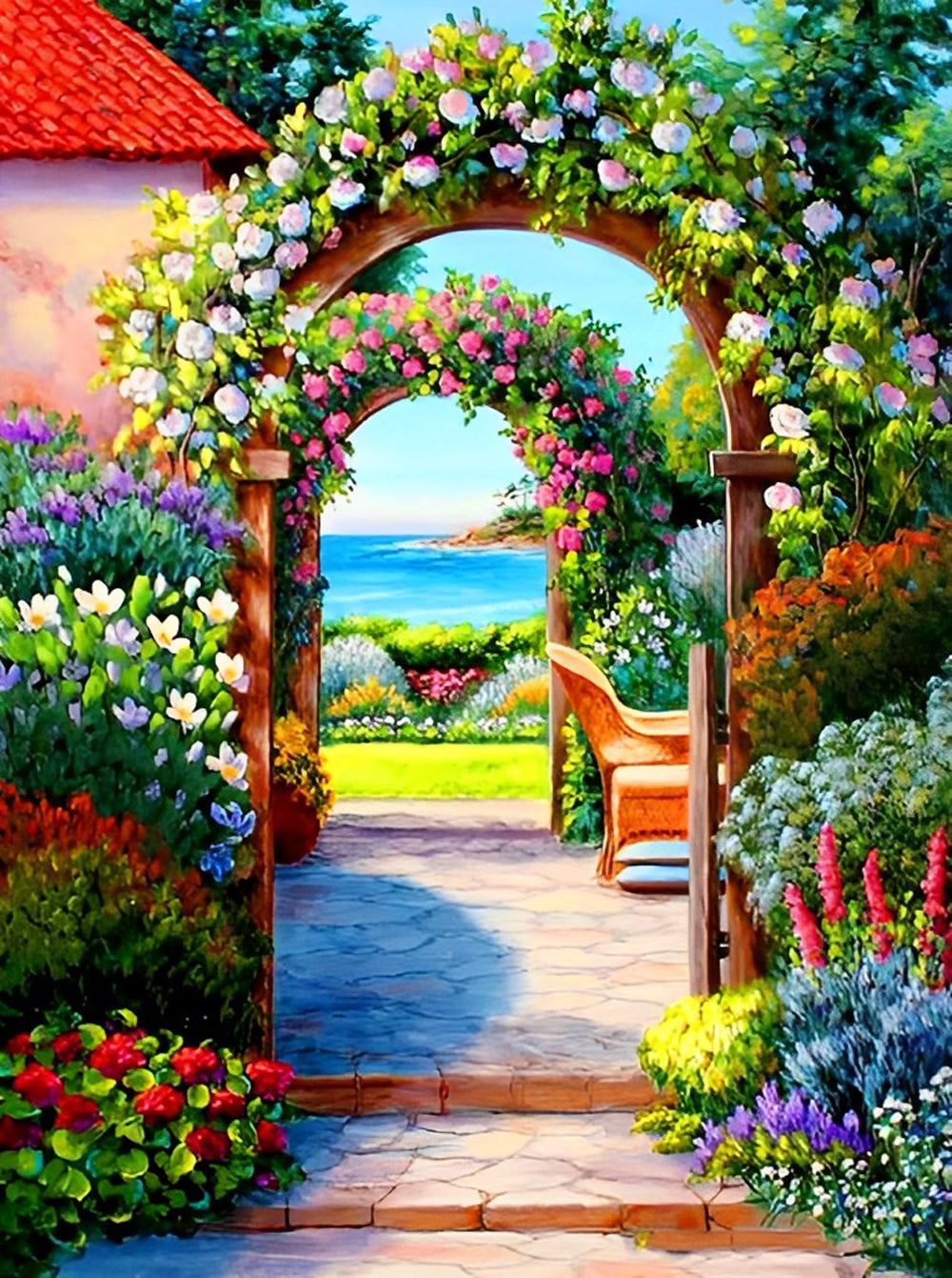 Kleurrijk Tuinpoortje naar het Blauwe Zeezicht Diamond Painting