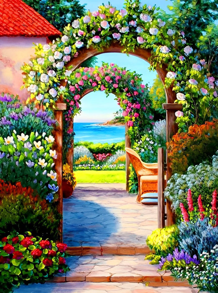 Kleurrijk Tuinpoortje naar het Blauwe Zeezicht Diamond Painting