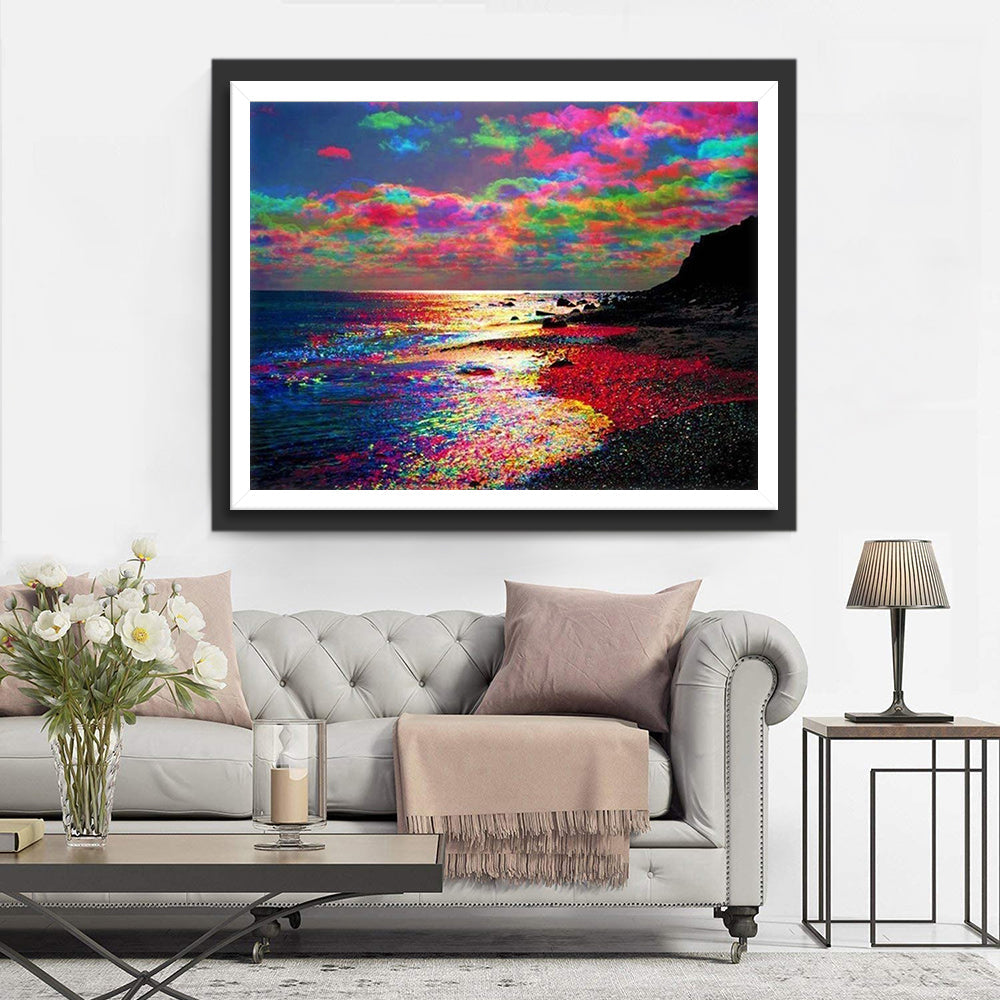 Kleurrijk Wolkenspel en Glinsterend Zeeoppervlak Diamond Painting